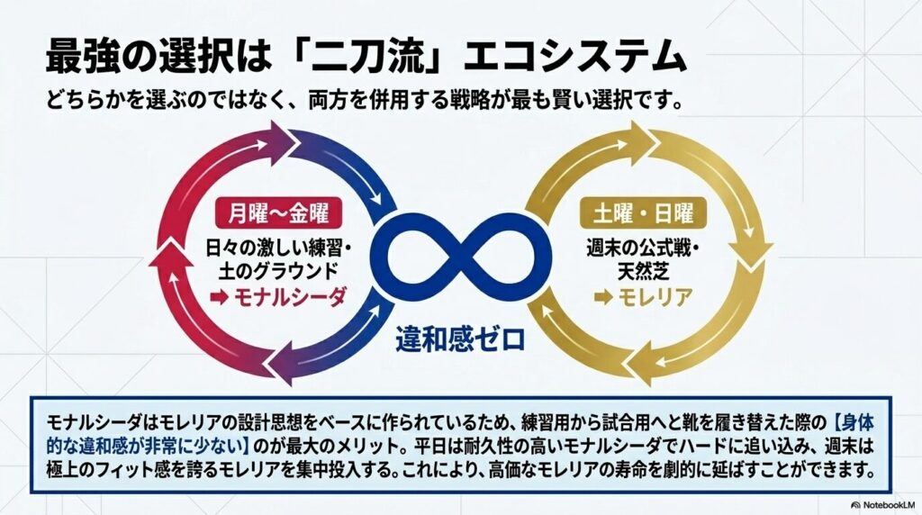 平日の練習にはモナルシーダ、週末の公式戦にはモレリアを使い分ける二刀流の戦略