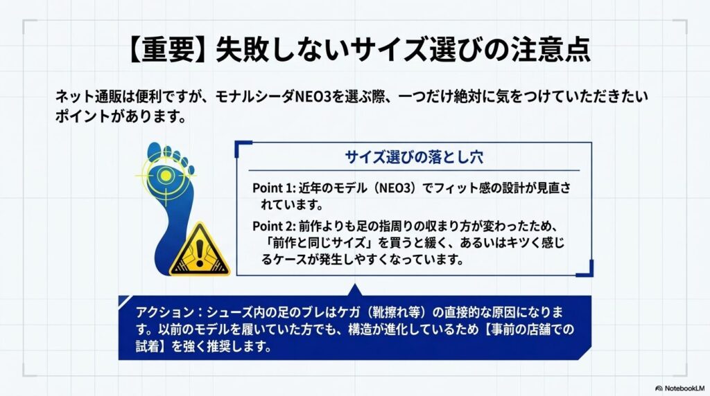 構造の進化により前作とフィット感が異なるため、店舗での試着を推奨するサイズ選びの注意喚起