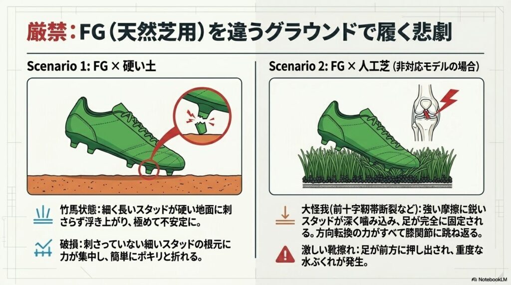 FGモデルを土や人工芝で履いた際に起こる、スタッドの破損や大怪我のリスクについて解説した図