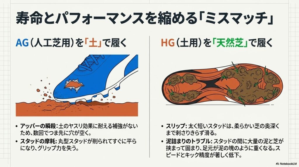 AGモデルを土で履いた場合のアッパー破損や、HGモデルを天然芝で履いた場合の泥詰まりトラブルなどを解説した図