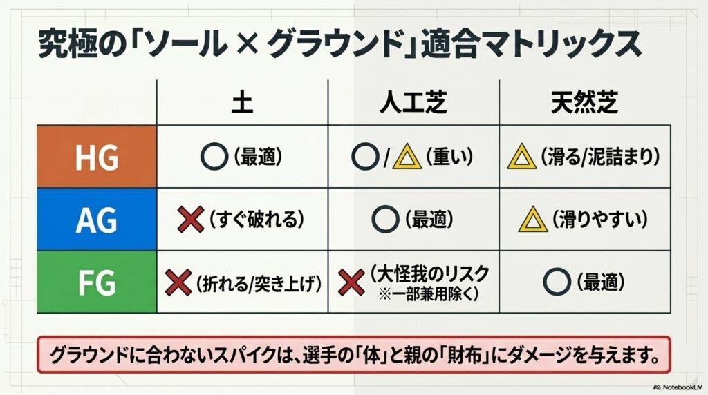 HG、AG、FGの各ソールと、土、人工芝、天然芝の相性をマル・バツ・サンカクで表した一覧表