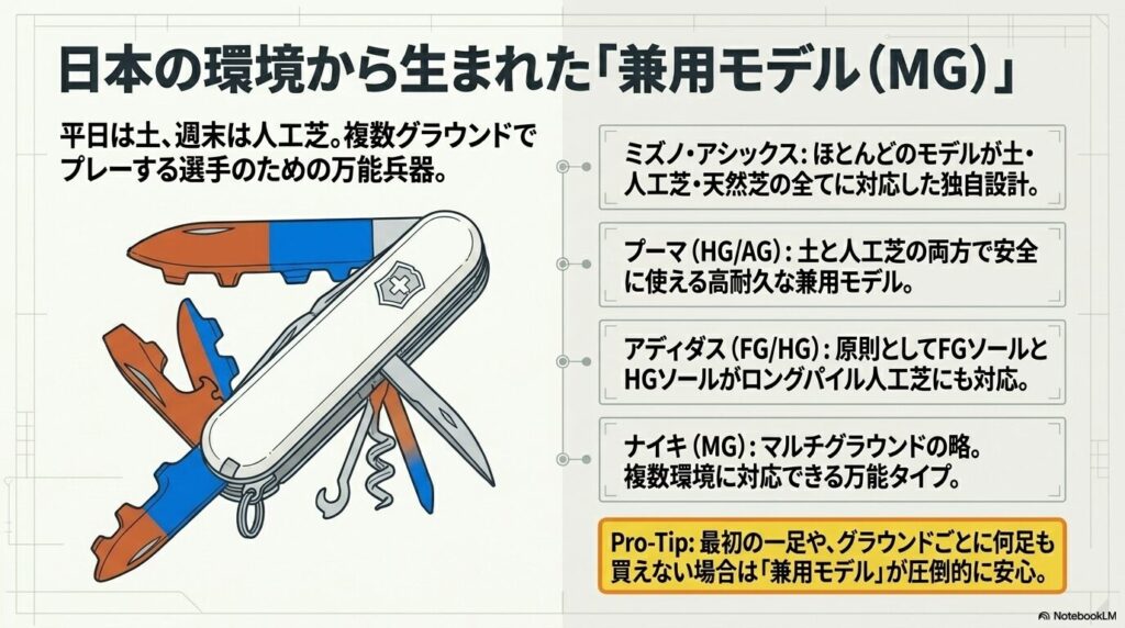 ミズノ、プーマ、アディダス、ナイキなど各メーカーの兼用モデル（MGやHG/AGなど）の特徴まとめ