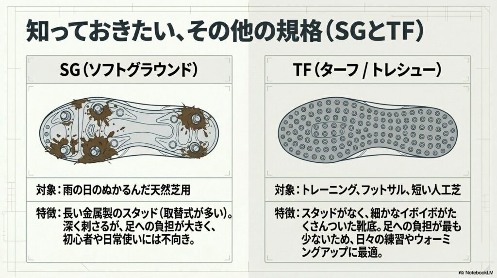 雨の日の天然芝用であるSG（ソフトグラウンド）と、トレーニングやフットサル用のTF（ターフ）の特徴解説