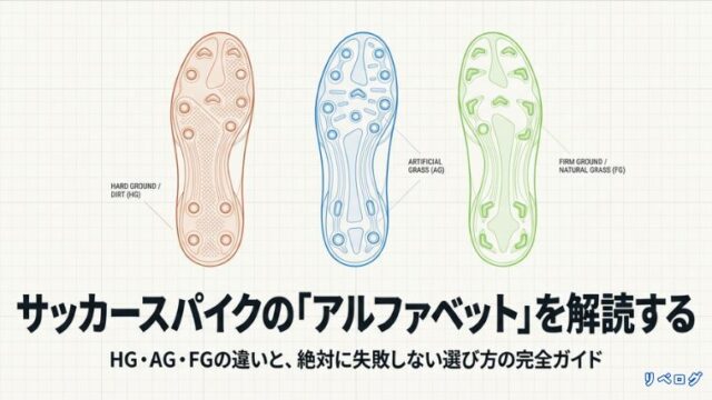 HG、AG、FGなど様々なアルファベットが書かれたサッカースパイクのイラスト