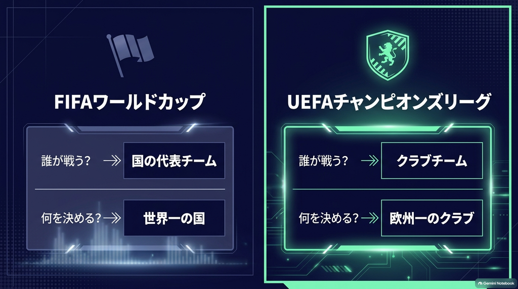 ワールドカップは国の代表チームが世界一を決める大会であるのに対し、チャンピオンズリーグはクラブチームが欧州一を決める大会であることを示す比較図
