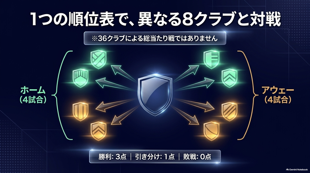 1つの順位表で異なる8クラブと対戦し、ホームで4試合、アウェーで4試合を行う仕組みの図解