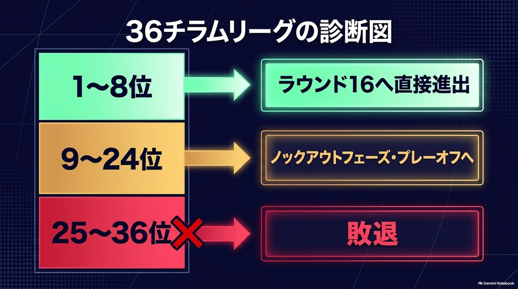 リーグフェーズの結果、1〜8位はラウンド16へ直接進出、9〜24位はプレーオフへ、25〜36位は敗退となることを示す図
