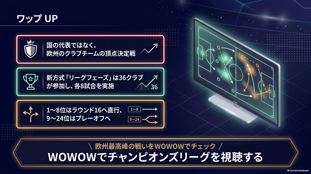 欧州クラブの頂点決定戦であること、新方式のリーグフェーズの概要、順位別の進出条件などをまとめた画像